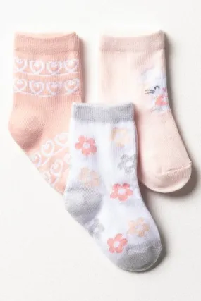 3 Pack Flower Bunny Socks Pink