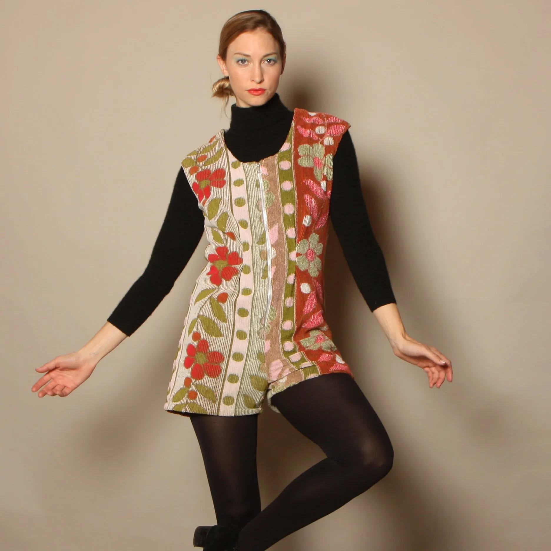 60's Cannon Flowers   Dots Terrycloth Romper