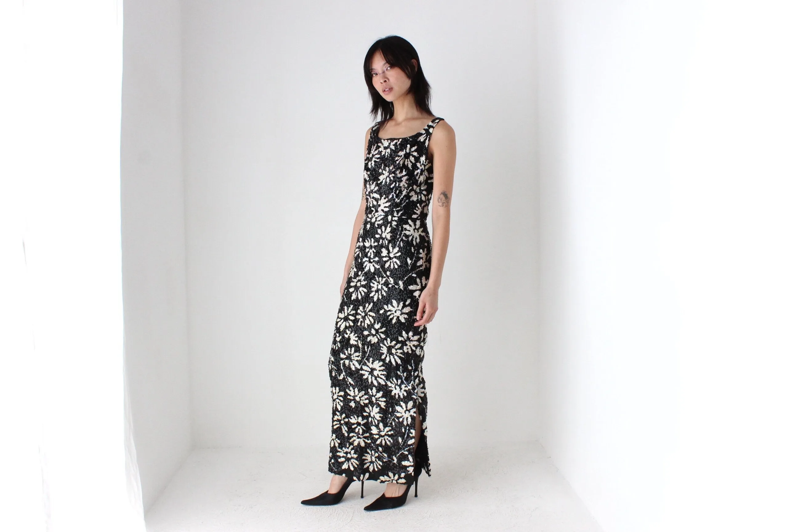 60s SEQUIN Flower Pattern Hand Sewn Party Dress