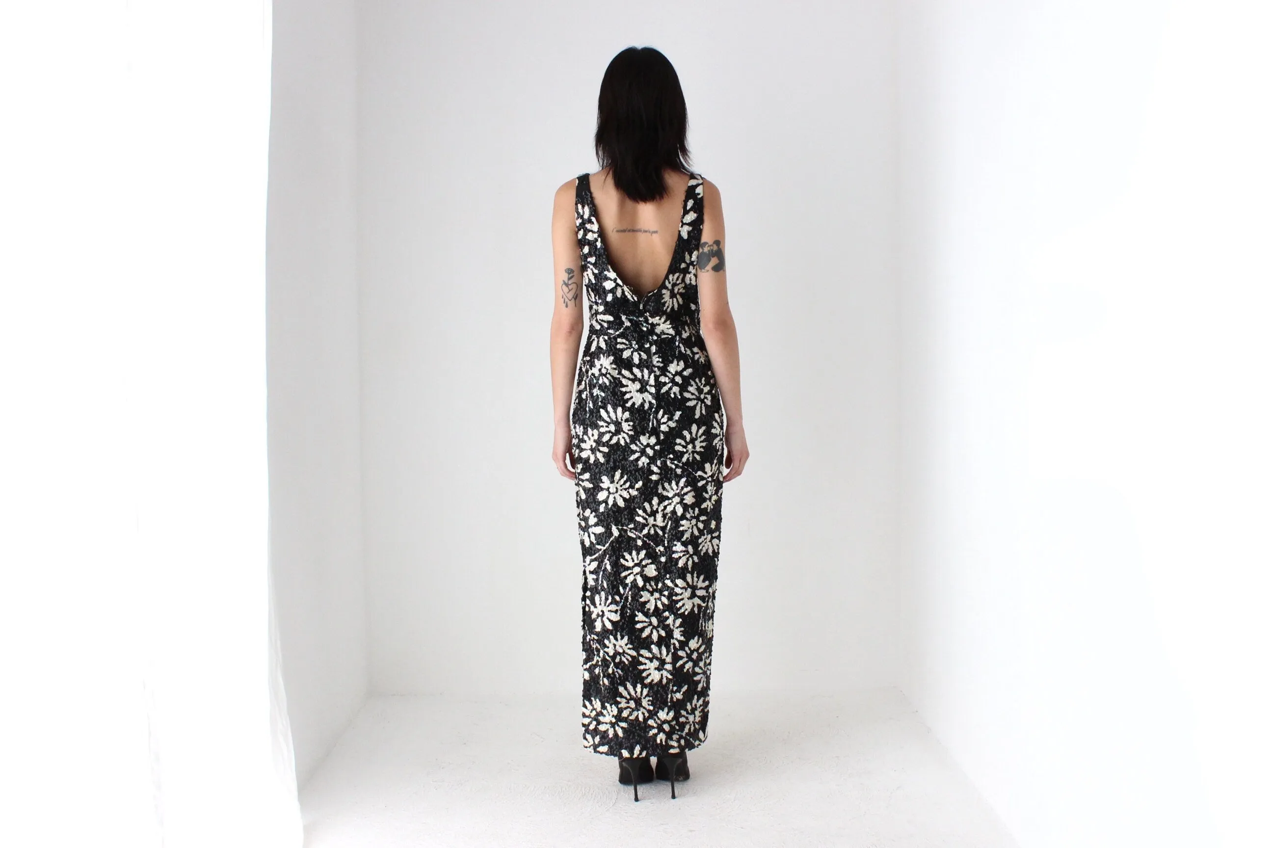 60s SEQUIN Flower Pattern Hand Sewn Party Dress