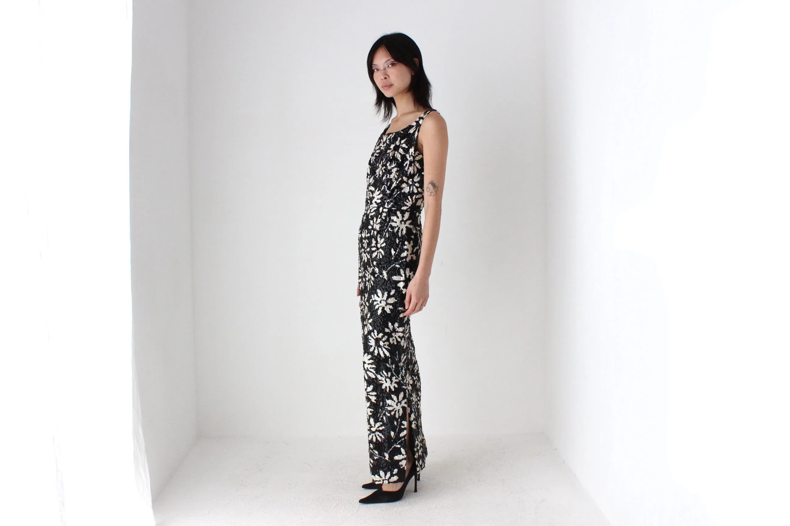 60s SEQUIN Flower Pattern Hand Sewn Party Dress