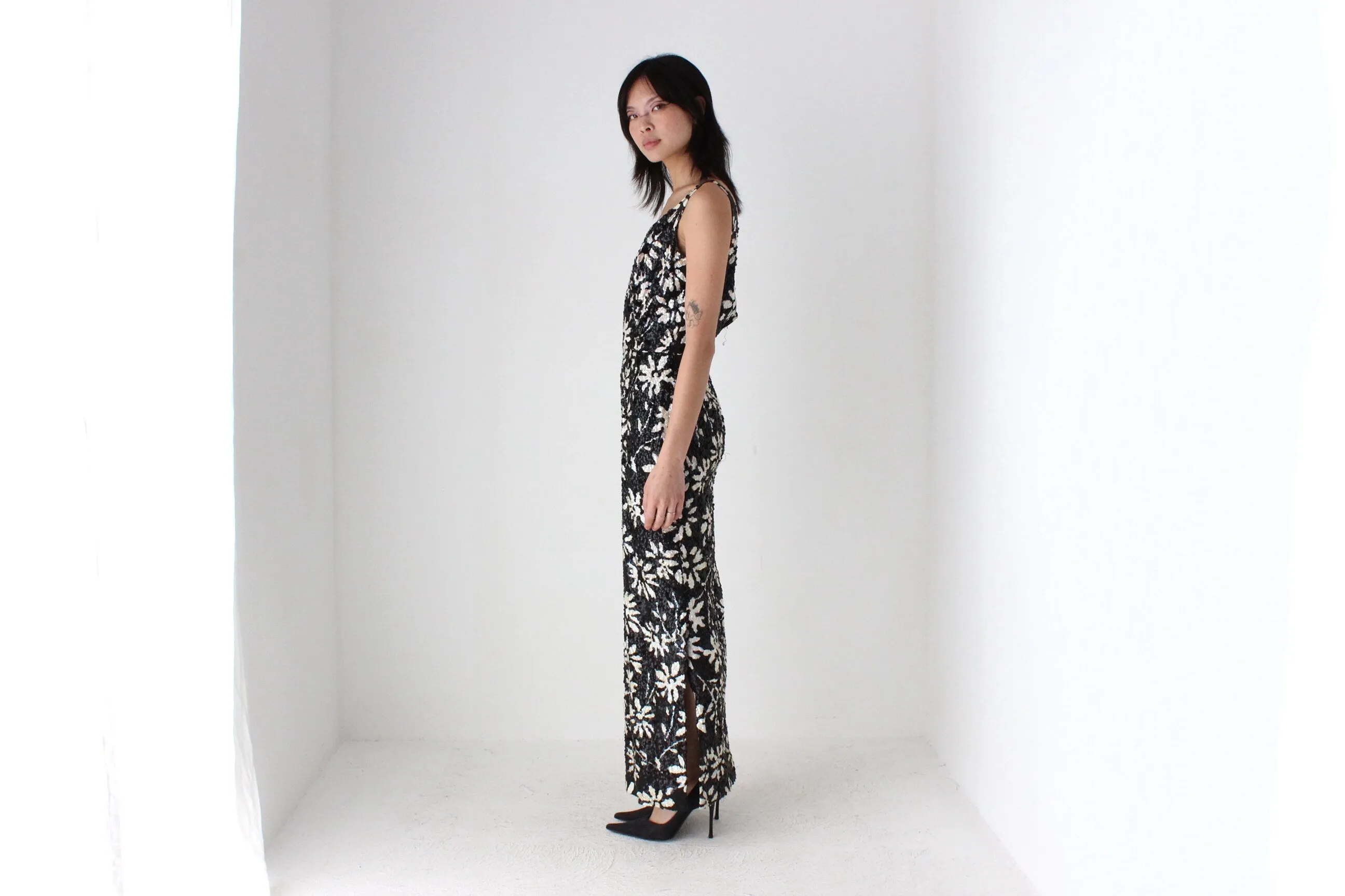 60s SEQUIN Flower Pattern Hand Sewn Party Dress