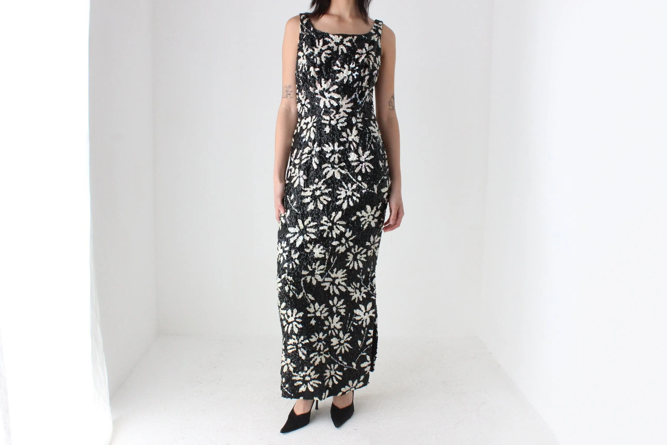60s SEQUIN Flower Pattern Hand Sewn Party Dress