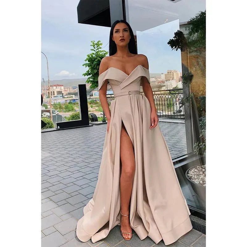 A-line Off-the-shoulder High Split Long Prom Dress with Pockets