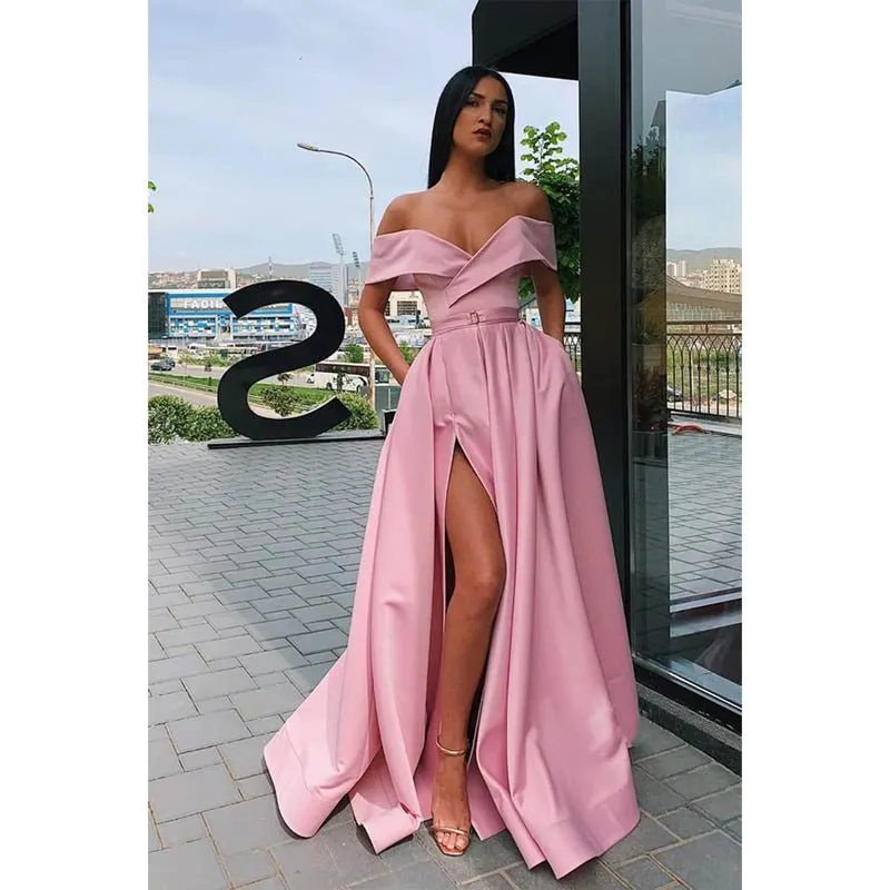 A-line Off-the-shoulder High Split Long Prom Dress with Pockets