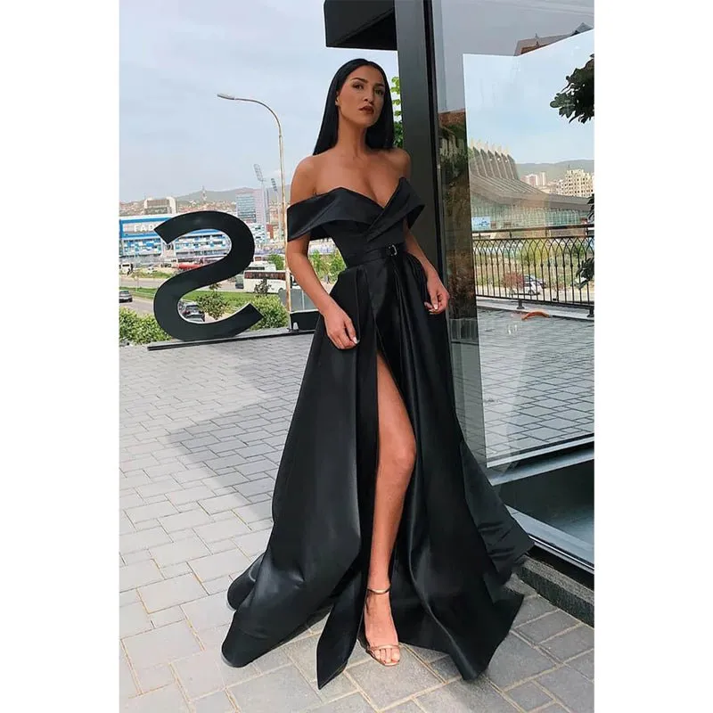 A-line Off-the-shoulder High Split Long Prom Dress with Pockets