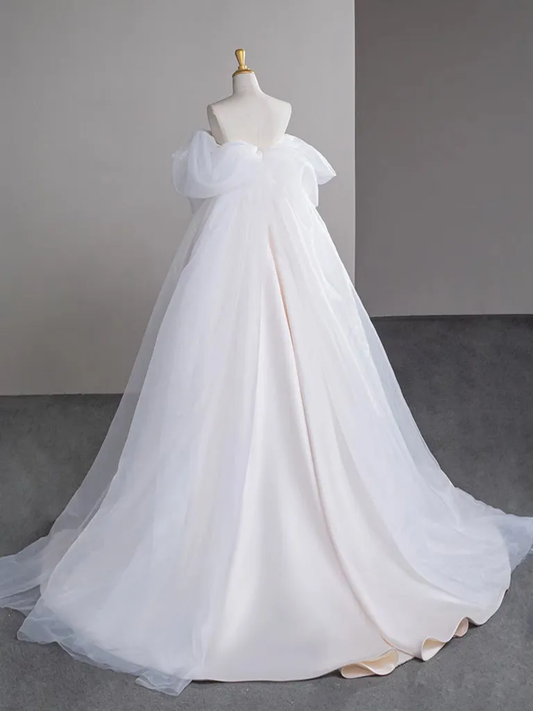 A-Line Satin Tulle Light Champagne Long Prom Dress, Light Champagne Formal Dress