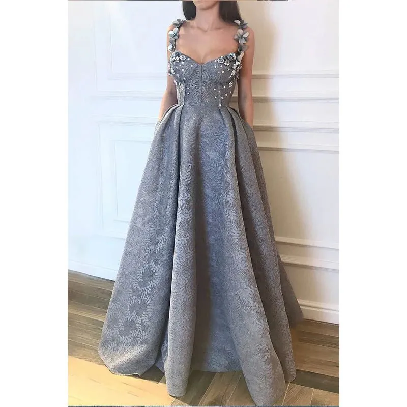 A-line Sweetheart 3d Appliques Straps Lace Prom Dress with Pockets