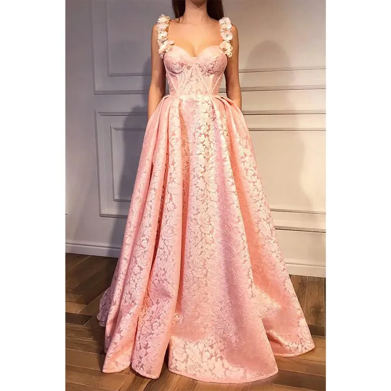 A-line Sweetheart 3d Appliques Straps Lace Prom Dress with Pockets