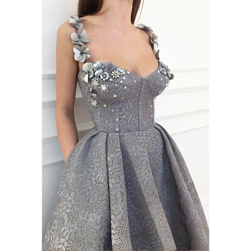 A-line Sweetheart 3d Appliques Straps Lace Prom Dress with Pockets