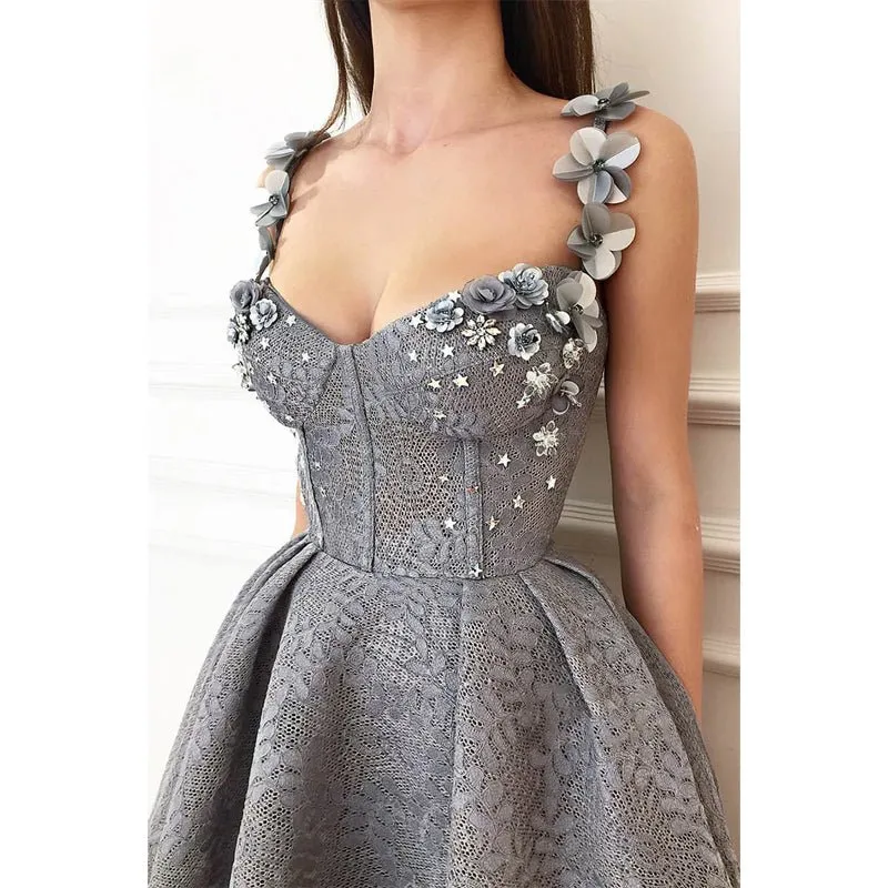 A-line Sweetheart 3d Appliques Straps Lace Prom Dress with Pockets