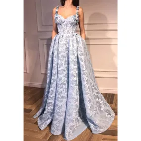 A-line Sweetheart 3d Appliques Straps Lace Prom Dress with Pockets