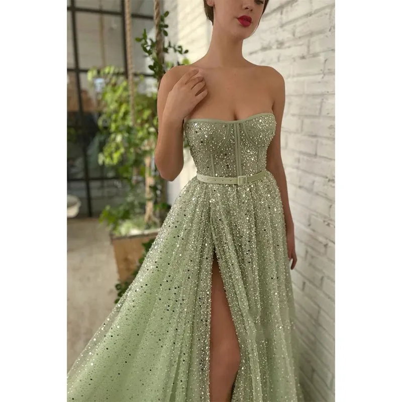 A-line Sweetheart High Split Sparkly Prom Dress