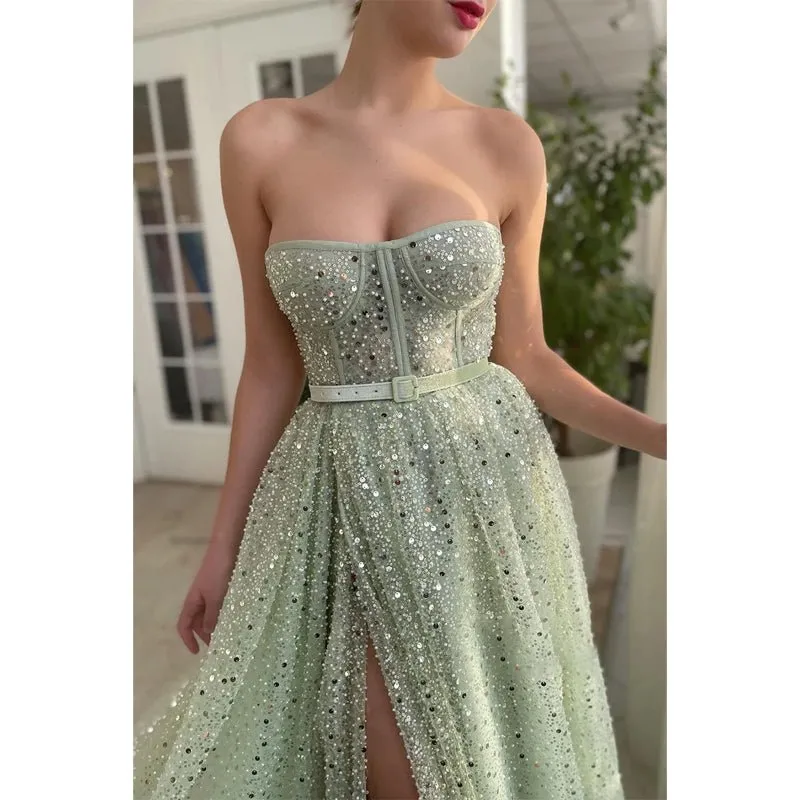 A-line Sweetheart High Split Sparkly Prom Dress