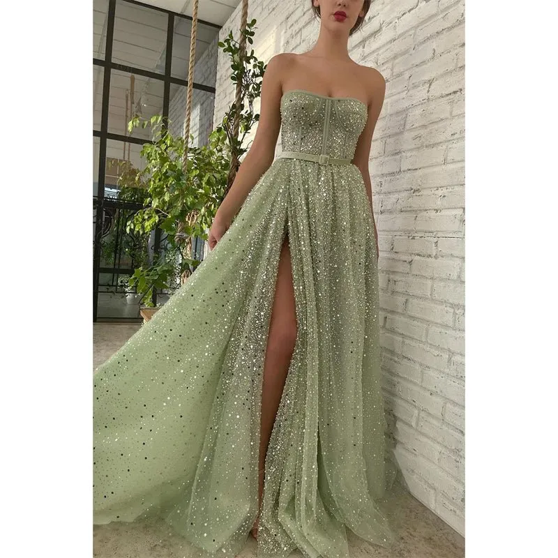 A-line Sweetheart High Split Sparkly Prom Dress