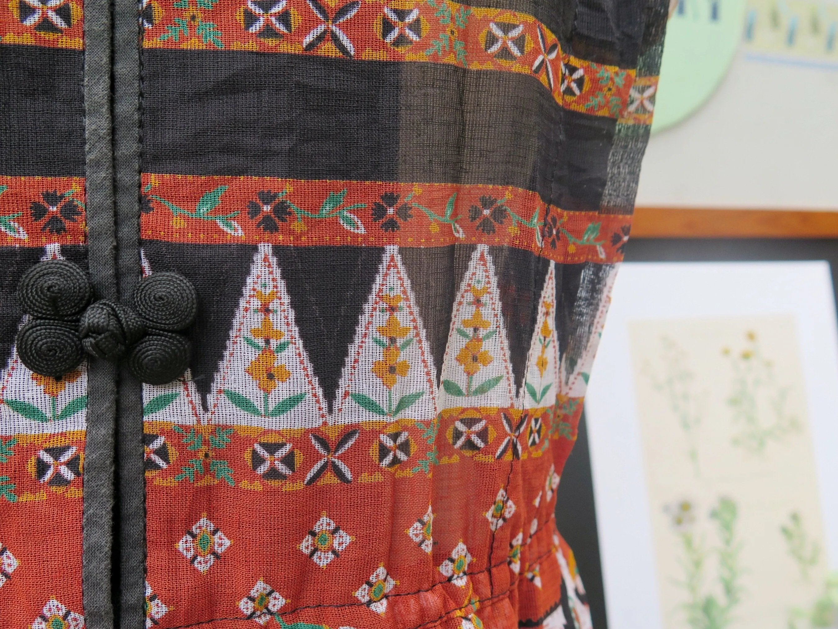 Anthropology | Vintage 1960s 1970s Feather and ethnic traditional print Aztec print Cheongsam Collar Day Dress