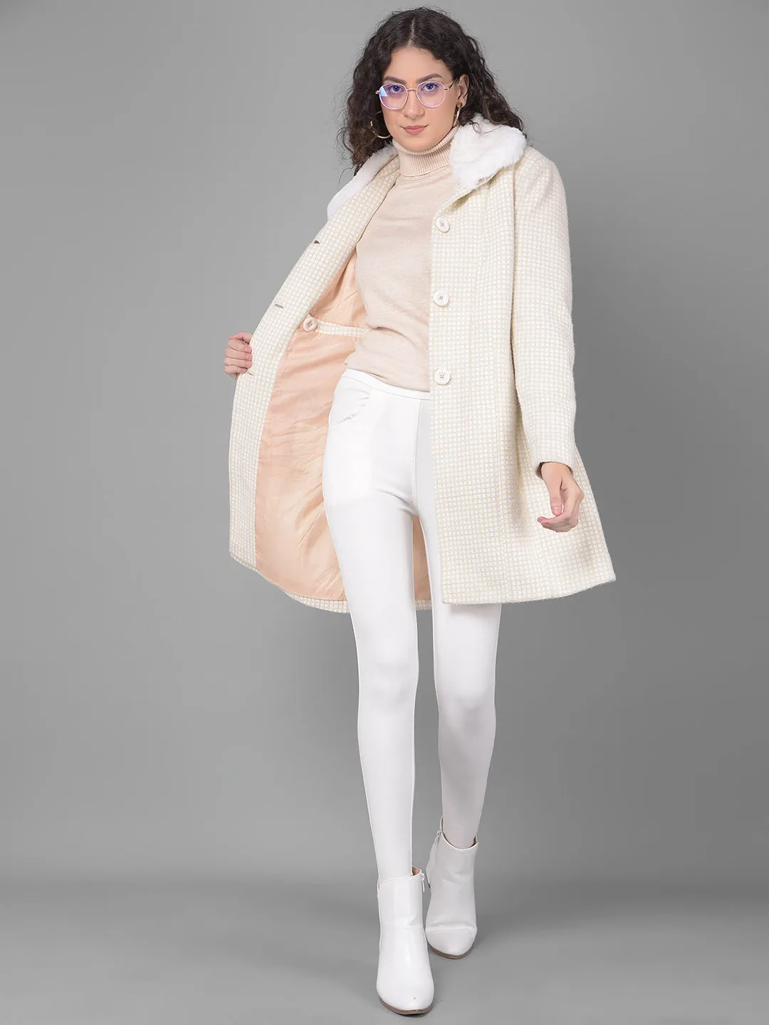 Beige Checked Overcoat