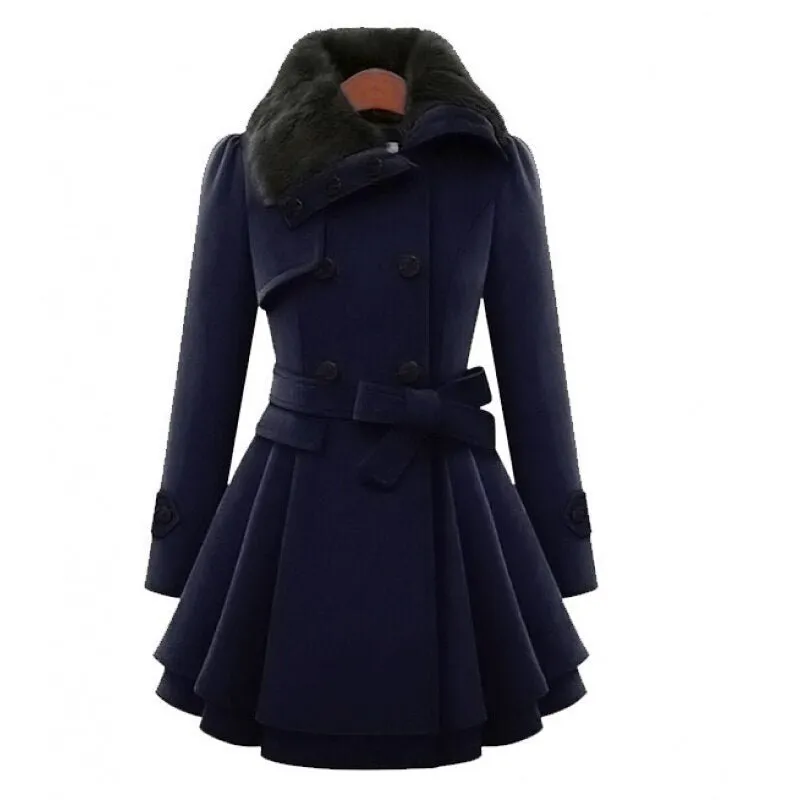 Belted Wool Coat with Fur-Trimmed Collar