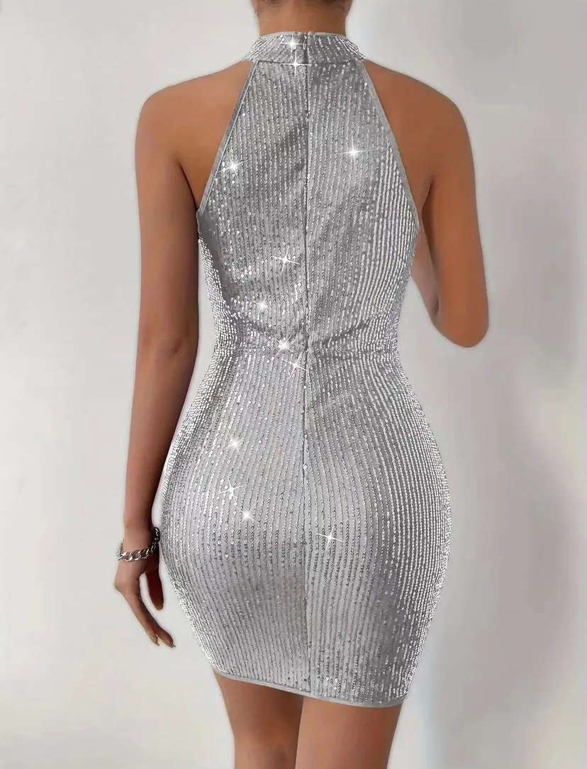 Black Sequin Halter Ruched Bodycon Dress
