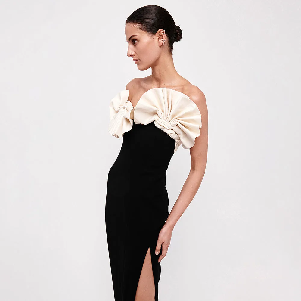Black White Folding Strapless Backless Formal Dress