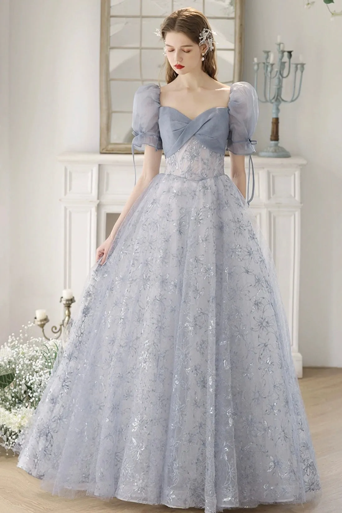 Blue Tulle Lace Floor Length Prom Dress, Beautiful Short Sleeve Evening Party Dress
