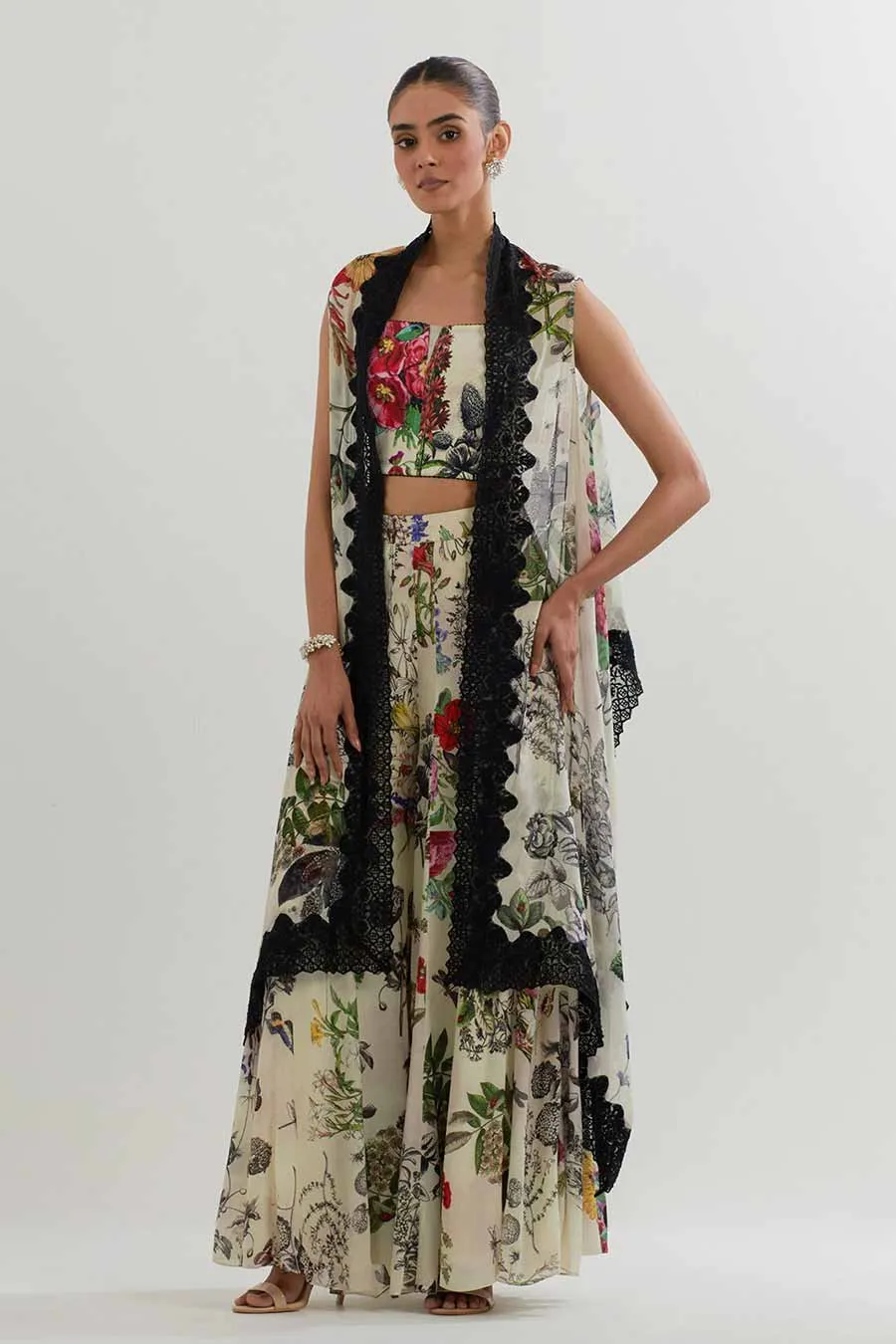 Botanical Printed Sharara Set With Cape