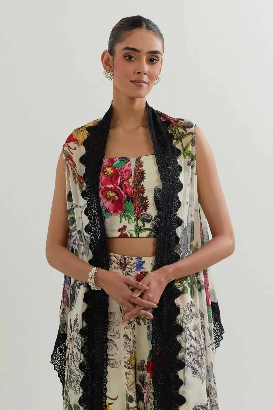 Botanical Printed Sharara Set With Cape