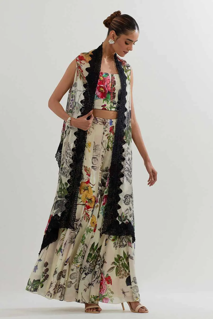 Botanical Printed Sharara Set With Cape
