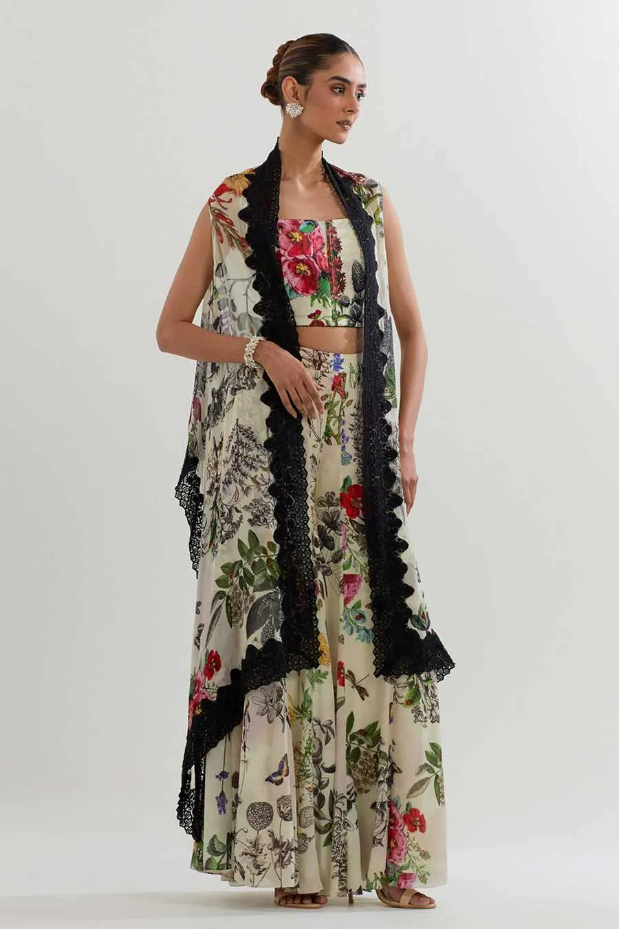 Botanical Printed Sharara Set With Cape