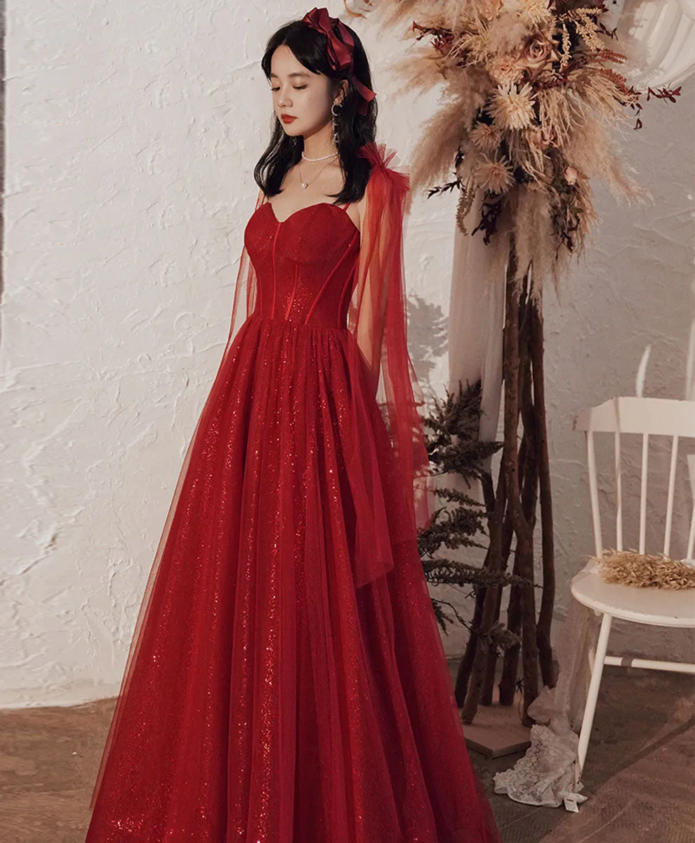 Burgundy Tulle Long Prom Dress, Burgundy Sequin Formal Dress