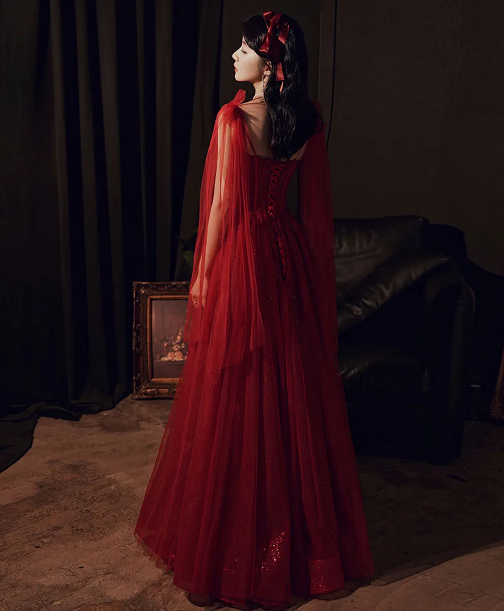 Burgundy Tulle Long Prom Dress, Burgundy Sequin Formal Dress