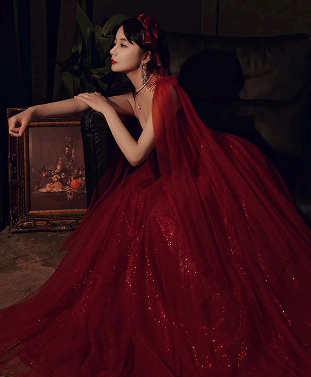 Burgundy Tulle Long Prom Dress, Burgundy Sequin Formal Dress