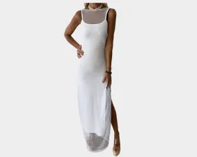 C.1 Side Slit Silver White Mesh Resortwear Statement Dress - The Ibiza