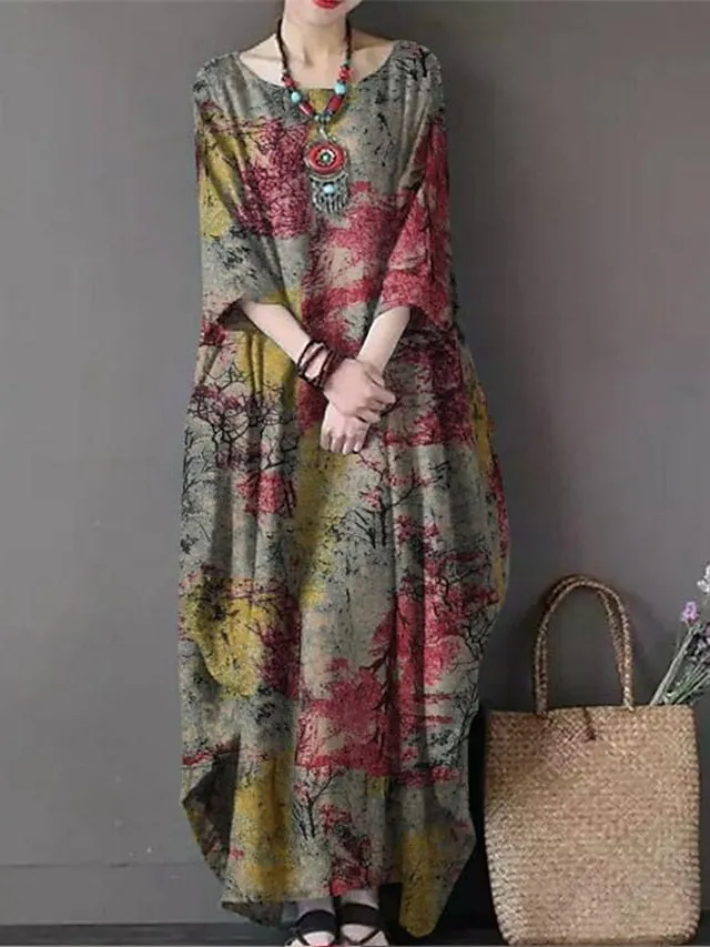 Casual Dress Linen Dress Shift Dress Midi Dress Yellow Red Green Long Sleeve Floral Print Summer Spring Crew Neck Casual Winter Dress Fall Dress Loose Fit  S M L XL XXL 3XL 4XL 5XL for Women