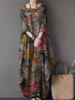 Casual Dress Linen Dress Shift Dress Midi Dress Yellow Red Green Long Sleeve Floral Print Summer Spring Crew Neck Casual Winter Dress Fall Dress Loose Fit  S M L XL XXL 3XL 4XL 5XL for Women