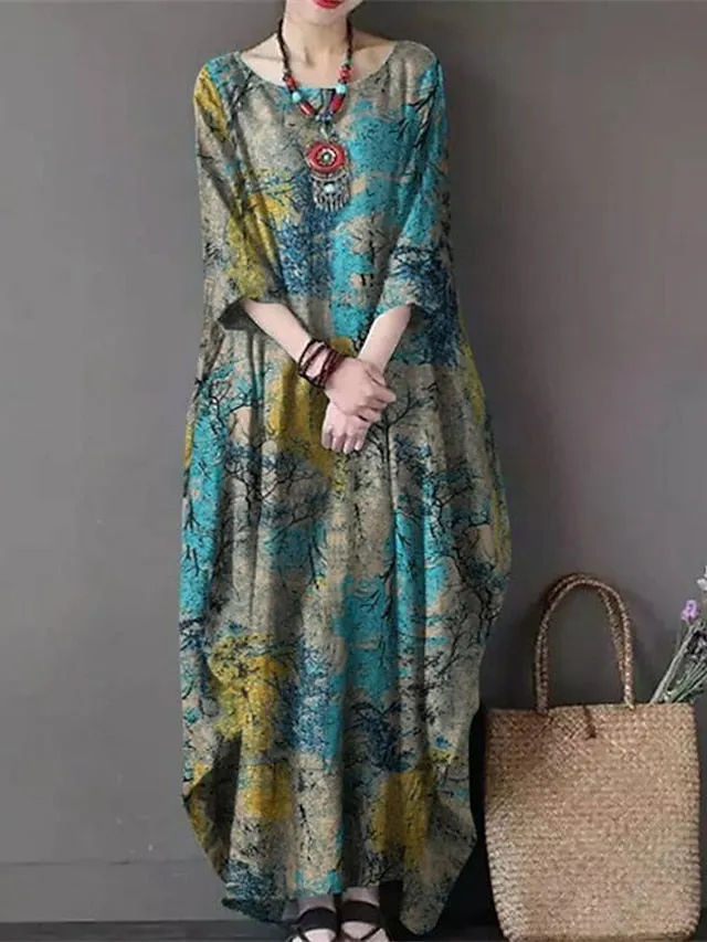 Casual Dress Linen Dress Shift Dress Midi Dress Yellow Red Green Long Sleeve Floral Print Summer Spring Crew Neck Casual Winter Dress Fall Dress Loose Fit  S M L XL XXL 3XL 4XL 5XL for Women