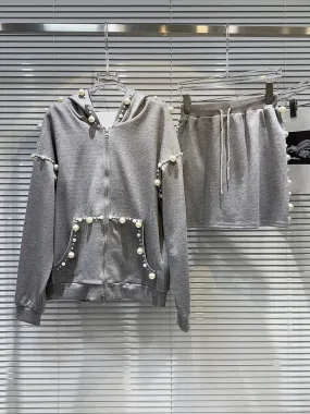 Casual Two Piece Sets For Women Hooded Long Sleeve Sweatshirt High Waist Mini Skirt Patchwork Pearls Sets Female
