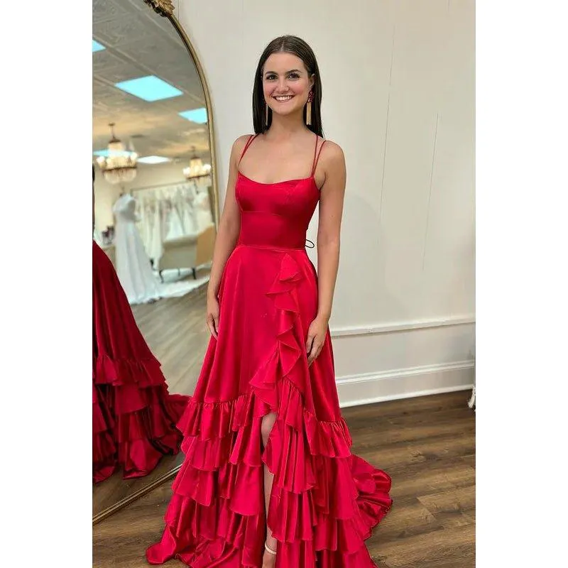 Chic & Modern Spaghetti Criss-Cross Straps A-Line Slit Square Party Prom Dress