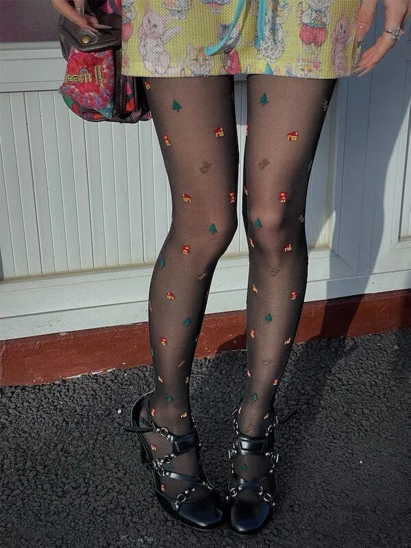 Christmas tree house dollhouse jacquard tights