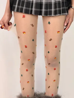 Christmas tree house dollhouse jacquard tights