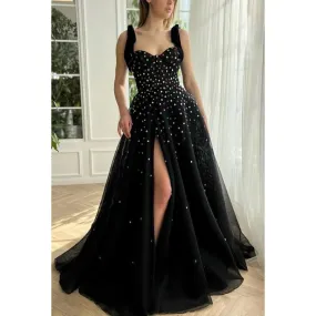 Classic Black A-Line Sweetheart Straps Slit Tulle Formal Prom Dress With Jewel