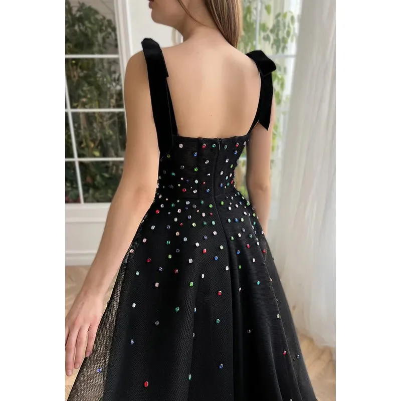 Classic Black A-Line Sweetheart Straps Slit Tulle Formal Prom Dress With Jewel