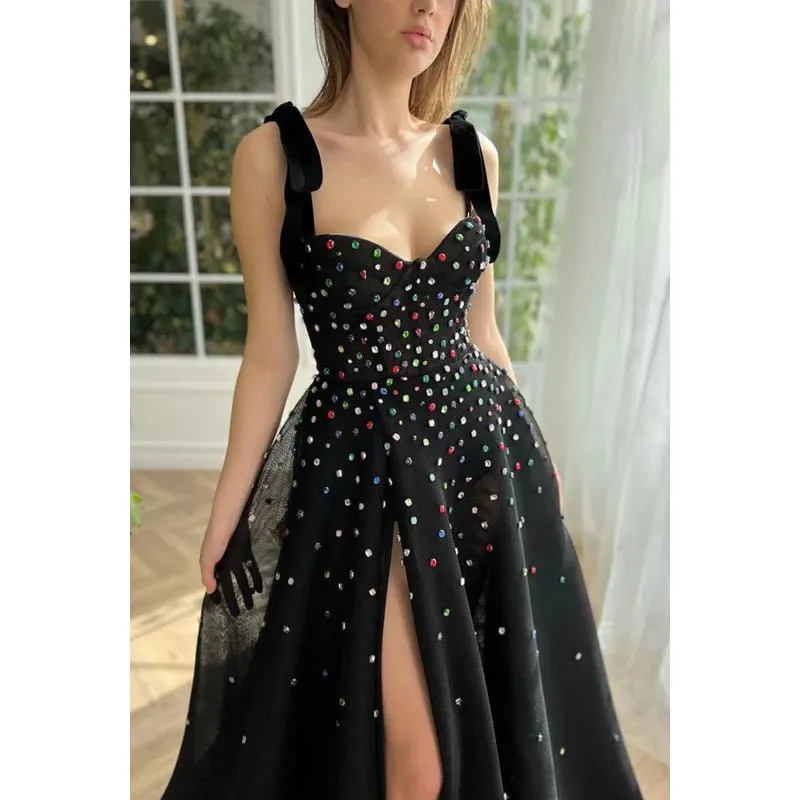 Classic Black A-Line Sweetheart Straps Slit Tulle Formal Prom Dress With Jewel