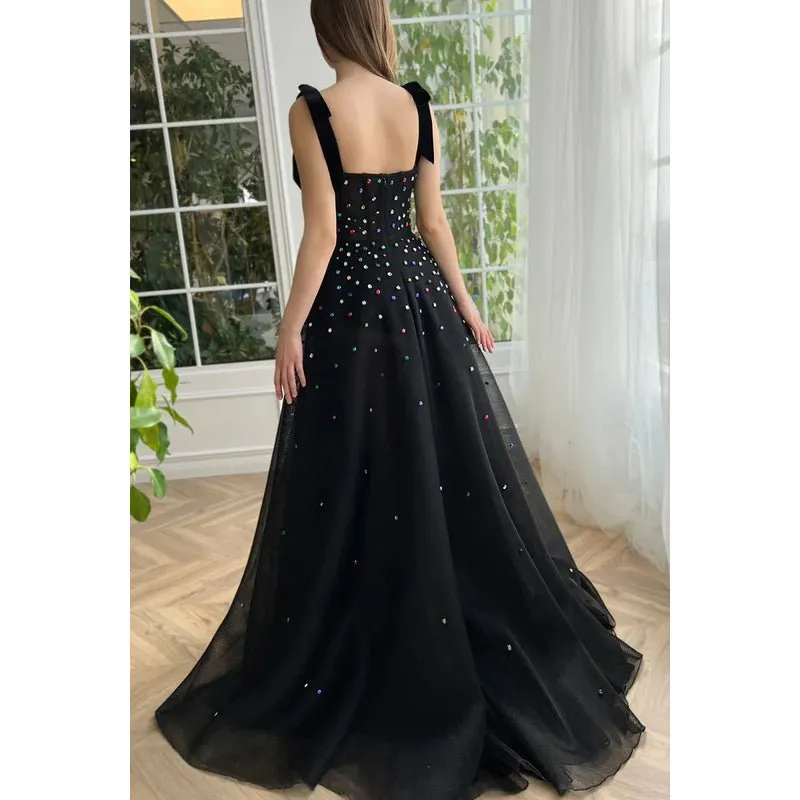 Classic Black A-Line Sweetheart Straps Slit Tulle Formal Prom Dress With Jewel