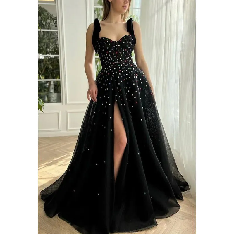 Classic Black A-Line Sweetheart Straps Slit Tulle Formal Prom Dress With Jewel