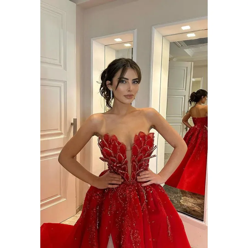 Couture & Ornate A-line Deep V-Neck Sleeveless Off-Shoulder Slit Formal Prom Dress