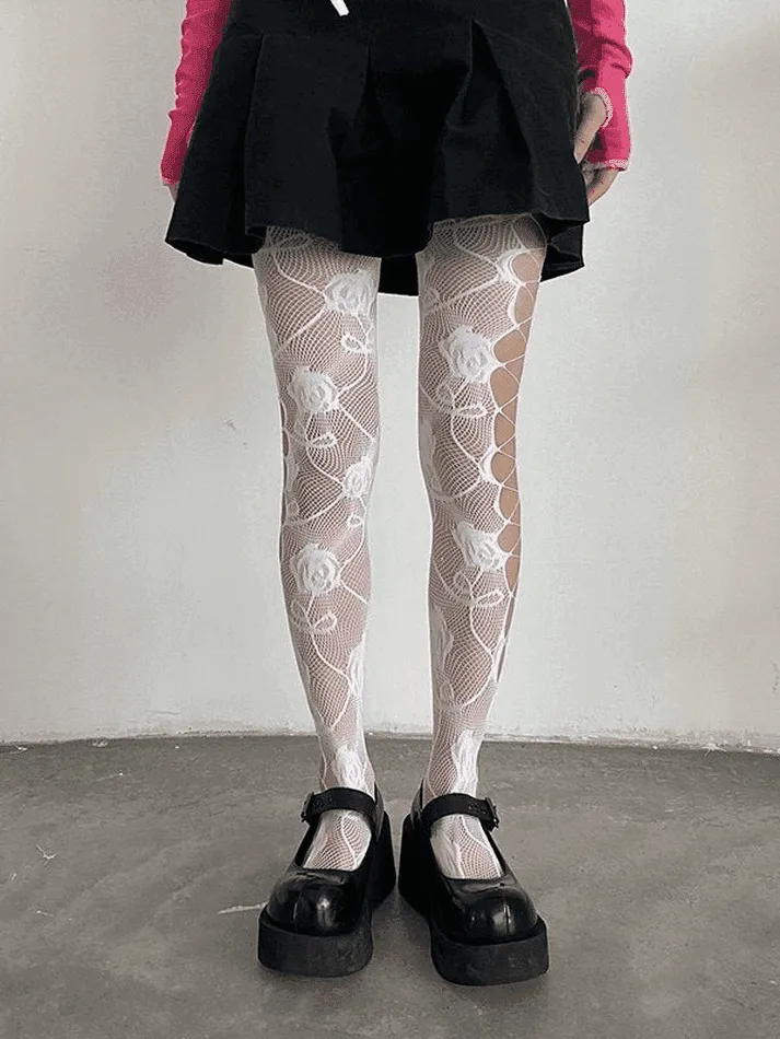Criss Cross Cutout Floral Mesh Tights