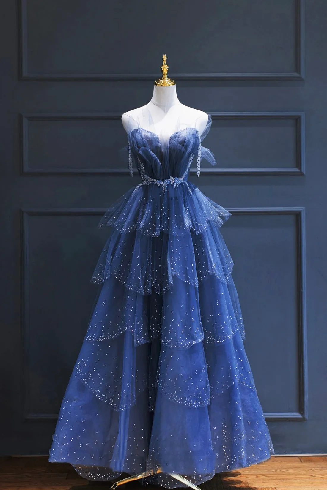Dark Blue Tulle Beaded Long Senior Prom Dress, A-Line Evening Party Dress