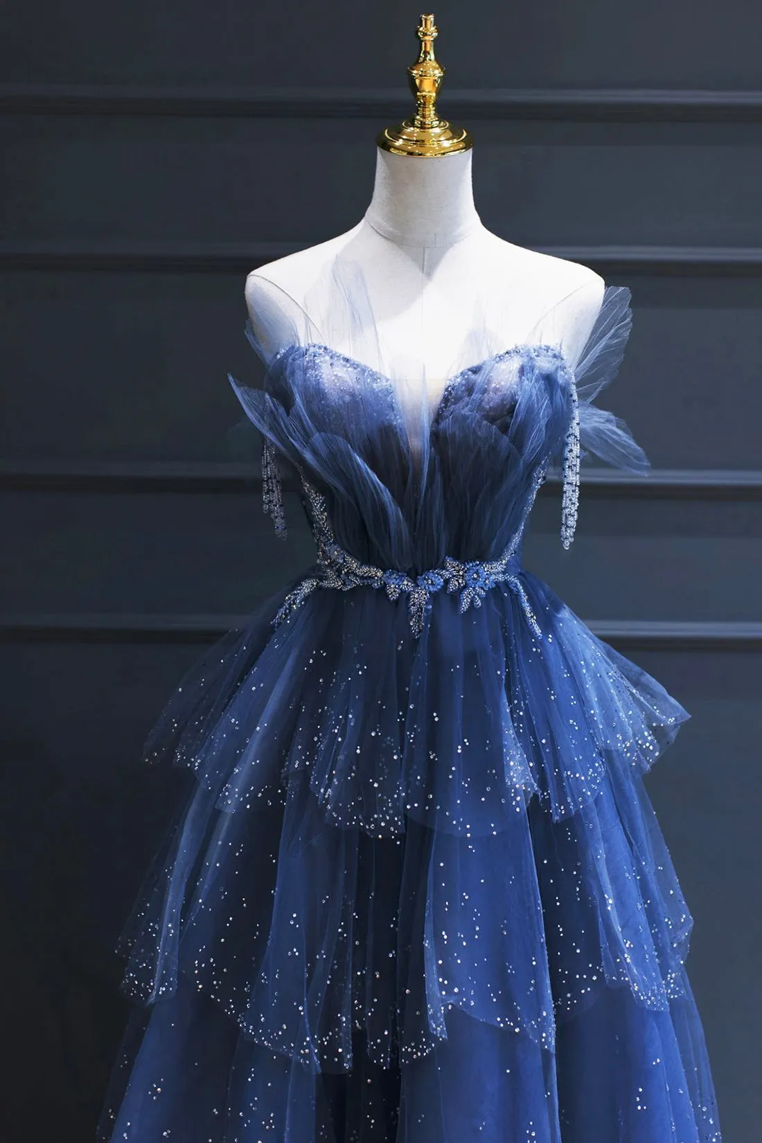 Dark Blue Tulle Beaded Long Senior Prom Dress, A-Line Evening Party Dress
