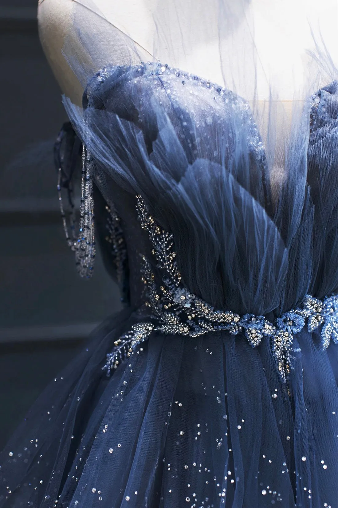 Dark Blue Tulle Beaded Long Senior Prom Dress, A-Line Evening Party Dress